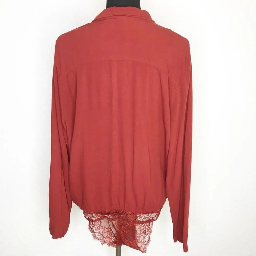 Intimately Free People Elsa rust red plunge wrap lace bottom bodysuit size Large
